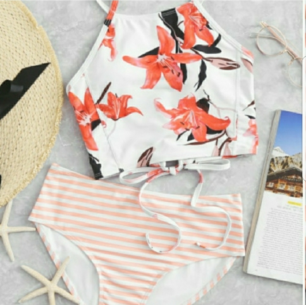 New High Neck Floral Striped Bikini